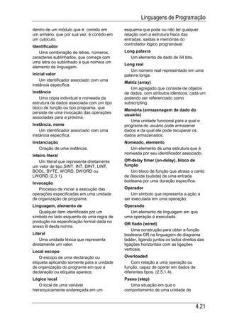 Linguagens de Programação
dentro de um módulo que é contido em        esquema que pode ou não ter qualquer
um armário, que por sua vez, é contido em   relação com a estrutura física das
um cubículo.                                entradas, saídas e memórias do
                                            controlador lógico programável.
Identificador
   Uma combinação de letras, números,       Long palavra
caracteres sublinhados, que começa com         Um elemento de dado de 64 bits.
uma letra ou sublinhado e que nomeia um
                                            Long real
elemento de linguagem.
                                               Um número real representado em uma
Inicial valor                               palavra longa.
    Um identificador associado com uma
                                            Matriz (array)
instância específica.
                                               Um agregado que consiste de objetos
Instância                                   de dados, com atributos idênticos, cada um
    Uma cópia individual e nomeada da       podendo ser referenciado como
estrutura de dados associada com um tipo    subscripting.
bloco de função ou tipo programa, que
                                            Memória (armazenagem de dado do
persiste de uma invocação das operações
                                            usuário)
associadas para a próxima.
                                               Uma unidade funcional para a qual o
Instância, nome                             programa do usuário pode armazenar
    Um identificador associado com uma      dados e da qual ele pode recuperar os
instância específica.                       dados armazenados.
Instanciação                                Nomeado, elemento
   Criação de uma instância.                   Um elemento de uma estrutura que é
                                            nomeada por seu identificador associado.
Inteiro literal
    Um literal que representa diretamente   Off-delay timer (on-delay), bloco de
um valor de tipo SINT, INT, DINT, LINT,     função
BOOL, BYTE, WORD, DWORD ou                     Um bloco de função que atrasa o canto
LWORD (2.3.1).                              de descida (subida) de uma entrada
                                            booleana por uma duração específica.
Invocação
   Processo de iniciar a execução das       Operador
operações especificadas em uma unidade          Um símbolo que representa a ação a
de organização de programa.                 ser executada em uma operação.
Linguagem, elemento de                      Operando
   Qualquer item identificado por um          Um elemento de linguagem em que
símbolo no lado esquerdo de uma regra de    uma operação é executada.
produção na especificação formal dada no
                                            OR fiado (wired)
anexo B desta norma.
                                                Uma construção para obter a função
Literal                                     booleana OR na linguagem de diagrama
    Uma unidade léxica que representa       ladder, ligando juntos os lados direitos das
diretamente um valor.                       ligações horizontais com as ligações
                                            verticais.
Local escopo
    O escopo de uma declaração ou           Overloaded
etiqueta aplicando somente para a unidade       Com relação a uma operação ou
de organização do programa em que a         função, capaz de operar em dados de
declaração ou etiqueta aparece.             diferentes tipos. (2.5.1.4).
Lógico local                                Passo (step)
    O local de uma variável                    Uma situação em que o
hierarquicamente endereçada em um           comportamento de uma unidade de



                                                                                   4.21
 
