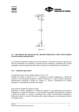 ___________________________________________________________________________
SENAI
Departamento Regional do Espírito Santo 52
Figura 3.25
3.5 – REVERSÃO DE ROTAÇÃO DE MOTOR TRIFÁSICO COM CONTATORES
COMANDADOS POR BOTÕES
A reversão do sentido de rotação de um motor trifásico é feita pela inversão de duas de suas
fases de alimentação. Esse trabalho é realizado por dois contatores, comandados por 2 botões
conjugados, cujo acionamento permite obter-se rotações no sentidos horário e anti-horário.
3.5.1 – Sequência operacional
a) Ligação do motor em um sentido: (figuras 3.26 e 3.27).
Estando sob tensão os bornes R, S e T e pulsando-se o botão conjugado b1, a bobina do
contator C1 será alimentada, fechando o contato de retenção C1, o qual a mantém energizada.
Permanecendo energizada a bobina do contator C1, haverá o fechamento dos contatos
principais e o acionamento do motor num sentido.
b) Inversão do sentido de rotação de motor:
Pulsando-se o botão conjugado b2, a bobina do contator C2 será alimentada, provocando o
fechamento do contato de retenção C2, o qual mantém energizada. Permanecendo energizada
a bobina do contator C2, haverá o fechamento dos contatos. Permanecendo energizada a
bobina do contator C2, haverá o fechamento dos contatos principais e o acionamento do motor
no sentido inverso.
 