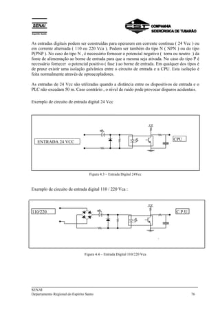 ___________________________________________________________________________
SENAI
Departamento Regional do Espírito Santo 76
As entradas digitais podem ser construídas para operarem em corrente contínua ( 24 Vcc ) ou
em corrente alternada ( 110 ou 220 Vca ). Podem ser também do tipo N ( NPN ) ou do tipo
P(PNP ). No caso do tipo N , é necessário fornecer o potencial negativo ( terra ou neutro ) da
fonte de alimentação ao borne de entrada para que a mesma seja ativada. No caso do tipo P é
necessário fornecer o potencial positivo ( fase ) ao borne de entrada. Em qualquer dos tipos é
de praxe existir uma isolação galvânica entre o circuito de entrada e a CPU. Esta isolação é
feita normalmente através de optoacopladores.
As entradas de 24 Vcc são utilizadas quando a distância entre os dispositivos de entrada e o
PLC não excedam 50 m. Caso contrário , o nível de ruído pode provocar disparos acidentais.
Exemplo de circuito de entrada digital 24 Vcc
Figura 4.3 – Entrada Digital 24Vcc
Exemplo de circuito de entrada digital 110 / 220 Vca :
Figura 4.4 – Entrada Digital 110/220 Vca
ENTRADA 24 VCC
CPU
C.P.U.110/220
 