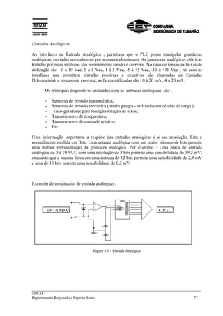 ___________________________________________________________________________
SENAI
Departamento Regional do Espírito Santo 77
Entradas Analógicas
As Interfaces de Entrada Analógica , permitem que o PLC possa manipular grandezas
analógicas, enviadas normalmente por sensores eletrônicos. As grandezas analógicas elétricas
tratadas por estes módulos são normalmente tensão e corrente. No caso de tensão as faixas de
utilização são : 0 á 10 Vcc, 0 á 5 Vcc, 1 á 5 Vcc, -5 á +5 Vcc, -10 á +10 Vcc ( no caso as
interfaces que permitem entradas positivas e negativas são chamadas de Entradas
Diferenciais), e no caso de corrente, as faixas utilizadas são : 0 á 20 mA , 4 á 20 mA.
Os principais dispositivos utilizados com as entradas analógicas são :
- Sensores de pressão manométrica;
- Sensores de pressão mecânica ( strain gauges - utilizados em células de carga );
- Taco-geradores para medição rotação de eixos;
- Transmissores de temperatura;
- Transmissores de umidade relativa;
- Etc.
Uma informação importante a respeito das entradas analógicas é a sua resolução. Esta é
normalmente medida em Bits. Uma entrada analógica com um maior número de bits permite
uma melhor representação da grandeza analógica. Por exemplo : Uma placa de entrada
analógica de 0 á 10 VCC com uma resolução de 8 bits permite uma sensibilidade de 39,2 mV,
enquanto que a mesma faixa em uma entrada de 12 bits permite uma sensibilidade de 2,4 mV
e uma de 16 bits permite uma sensibilidade de 0,2 mV.
Exemplo de um circuito de entrada analógico :
Figura 4.5 – Entrada Analógica
C.P.U.ENTRADA
 