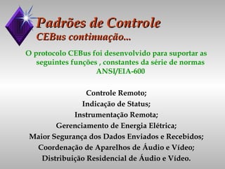 Padrões de Controle CEBus continuação... O protocolo CEBus foi desenvolvido para suportar as seguintes funções , constantes da série de normas ANSI/EIA-600 Controle Remoto; Indicação de Status; Instrumentação Remota; Gerenciamento de Energia Elétrica; Maior Segurança dos Dados Enviados e Recebidos; Coordenação de Aparelhos de Áudio e Vídeo; Distribuição Residencial de Áudio e Vídeo. 