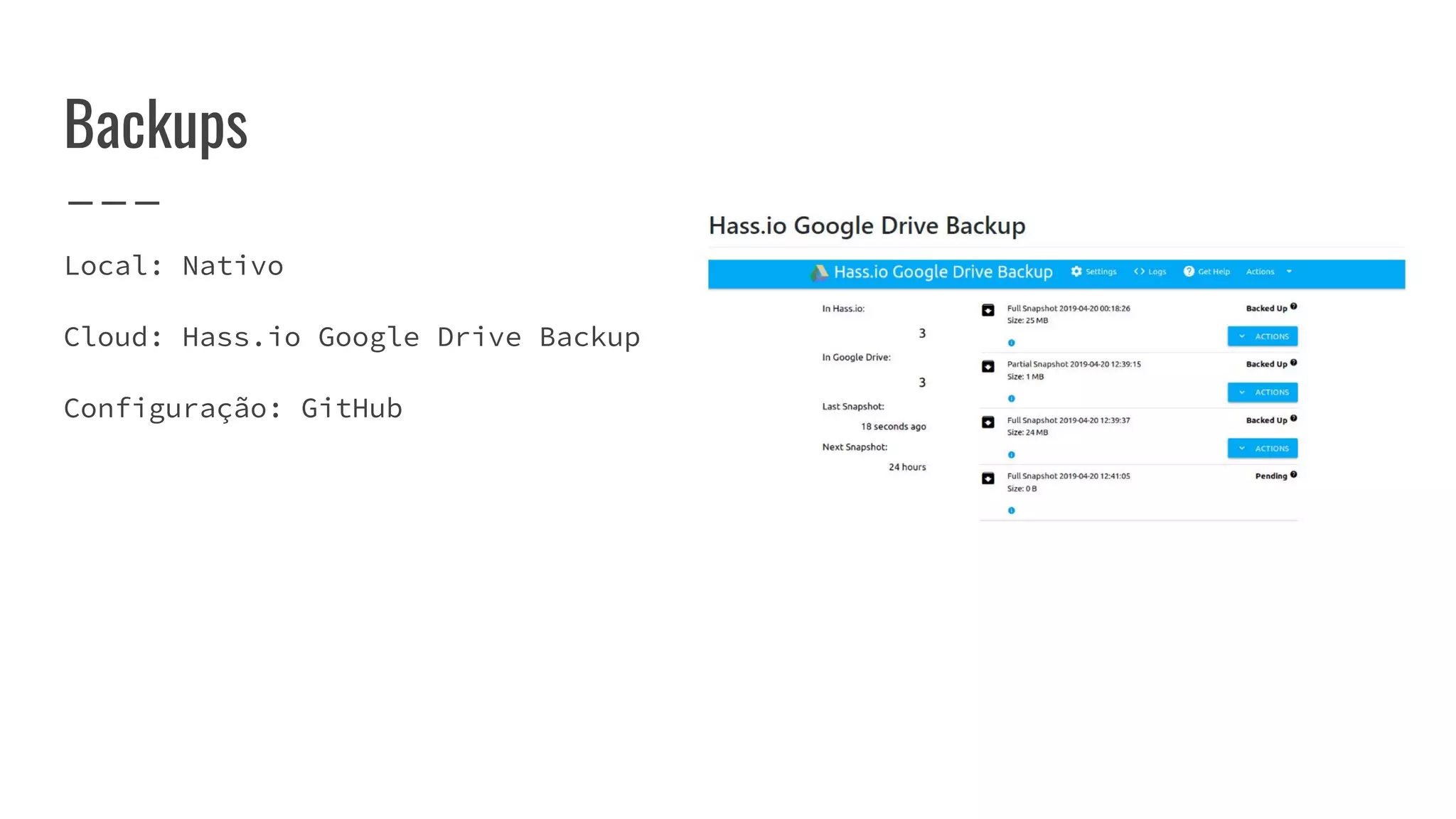 Backups
Local: Nativo
Cloud: Hass.io Google Drive Backup
Configuração: GitHub
 