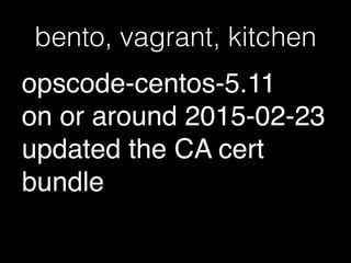 bento, vagrant, kitchen
opscode-centos-5.11!
on or around 2015-02-23
updated the CA cert
bundle
 