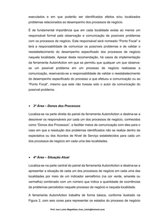 executados e em que poderão ser identificados efeitos e/ou localizados
problemas relacionados ao desempenho dos processos de negócio.

É de fundamental importância que em cada localidade exista ao menos um
responsável formal pela observação e comunicação de possíveis problemas
com os processos de negócio. Este responsável será nomeado “Ponto Focal” e
terá a responsabilidade de comunicar os possíveis problemas e de validar o
reestabelecimento do desempenho especificado dos processos de negócio
naquela localidade. Apesar desta recomendação, há casos de implementação
da ferramenta AutomAction em que se permitiu que qualquer um que observa-
se um possível problema em um processo de negócio realizasse a
comunicação, reservando-se a responsabilidade de validar o reestabelecimento
do desempenho especificado do processo a que efetuou a comunicação ou ao
“Ponto Focal”, mesmo que este não tivesse sido o autor da comunicação do
possível problema.




• 3ª Área – Donos dos Processos

Localiza-se na parte direita do painel da ferramenta AutomAction e destina-se a
descrever os responsáveis por cada um dos processos de negócio, conhecidos
como “Donos dos Processos”, e facilitar meios de comunicação com eles para o
caso em que a resolução dos problemas identificados não se realize dentro da
expectativa ou dos Acordos de Nível de Serviço estabelecidos para cada um
dos processos de negócio em cada uma das localidades.




• 4ª Área – Situação Atual

Localiza-se na parte central do painel da ferramenta AutomAction e destina-se a
apresentar a situação de cada um dos processos de negócio em cada uma das
localidades por meio de um indicador semafórico (na cor verde, amarela ou
vermelha) combinado com um número que indica a quantidade de ocorrências
de problemas percebidos naquele processo de negócio e naquela localidade.

A ferramenta AutomAction trabalha de forma básica, conforme ilustrado na
Figura 2, com seis cores para representar os estados do processo de negócio

               Prof. Ivan Luizio Magalhães (ivan_luizio@hotmail.com)
 
