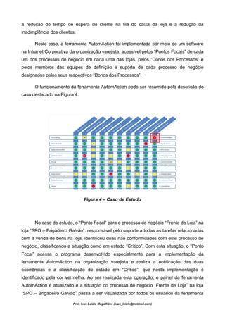 a redução do tempo de espera do cliente na fila do caixa da loja e a redução da
inadimplência dos clientes.

      Neste caso, a ferramenta AutomAction foi implementada por meio de um software
na Intranet Corporativa da organização varejista, acessível pelos “Pontos Focais” de cada
um dos processos de negócio em cada uma das lojas, pelos “Donos dos Processos” e
pelos membros das equipes de definição e suporte de cada processo de negócio
designados pelos seus respectivos “Donos dos Processos”.

      O funcionamento da ferramenta AutomAction pode ser resumido pela descrição do
caso destacado na Figura 4.




                                Figura 4 – Caso de Estudo




      No caso de estudo, o “Ponto Focal” para o processo de negócio “Frente de Loja” na
loja “SPO – Brigadeiro Galvão”, responsável pelo suporte a todas as tarefas relacionadas
com a venda de bens na loja, identificou duas não conformidades com este processo de
negócio, classificando a situação como em estado “Crítico”. Com esta situação, o “Ponto
Focal” acessa o programa desenvolvido especialmente para a implementação da
ferramenta AutomAction na organização varejista e realiza a notificação das duas
ocorrências e a classificação do estado em “Crítico”, que nesta implementação é
identificado pela cor vermelha. Ao ser realizada esta operação, o painel da ferramenta
AutomAction é atualizado e a situação do processo de negócio “Frente de Loja” na loja
“SPO – Brigadeiro Galvão” passa a ser visualizada por todos os usuários da ferramenta

                         Prof. Ivan Luizio Magalhães (ivan_luizio@hotmail.com)
 