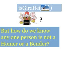 isGiraffe( )
?	
  
But how do we know
any one person is not a
Homer or a Bender?
 
