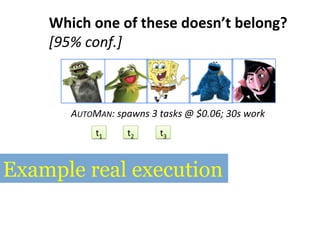 Which	
  one	
  of	
  these	
  doesn’t	
  belong?	
  
[95%	
  conf.]	
  
AUTOMAN:	
  spawns	
  3	
  tasks	
  @	
  $0.06;	
  30s	
  work	
  	
  
t1	
   t2	
   t3	
  
Example real execution
 