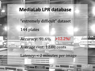 MediaLab	
  LPR	
  database	
  	
  
“extremely	
  dif-icult”	
  dataset	
  
144	
  plates	
  
Accuracy:	
  91.6%	
  
Average	
  cost:	
  12.08	
  cents	
  
Latency:	
  <	
  2	
  minutes	
  per	
  image	
  
	
  	
  	
  	
  >12.2%!	
  
AutoMan evaluation
 