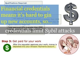 credentials limit Sybil attacks
Use of financial credentials
make it hard to gin up new
accounts, and
 