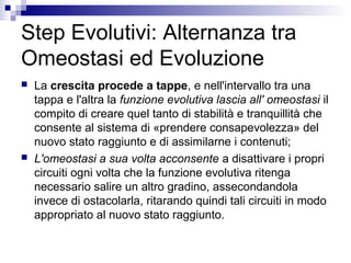 Step Evolutivi: Alternanza tra
Omeostasi ed Evoluzione
 La crescita procede a tappe, e nell'intervallo tra una
tappa e l'altra la funzione evolutiva lascia all' omeostasi il
compito di creare quel tanto di stabilità e tranquillità che
consente al sistema di «prendere consapevolezza» del
nuovo stato raggiunto e di assimilarne i contenuti;
 L'omeostasi a sua volta acconsente a disattivare i propri
circuiti ogni volta che la funzione evolutiva ritenga
necessario salire un altro gradino, assecondandola
invece di ostacolarla, ritarando quindi tali circuiti in modo
appropriato al nuovo stato raggiunto.
 