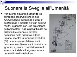 Suonare la Sveglia all’Umanità
 Per quanto riguarda l'umanità va
purtroppo osservato che le due
funzioni non si conciliano e anzi si
contendono il primato nei vari livelli di
realtà, in genere con una prevalenza
dell'omeostasi (No), più legittimata dai
sistemi di credenze e di valori
dominanti nelle principali culture
umane, mentre la funzione evolutiva
(Si) rimane spesso latente, vuoi
perché non coltivata, vuoi perché - per
ignoranza, paura o condizionamento
esterno - è stata a lungo repressa e
per molti versi lo è tuttora.
 