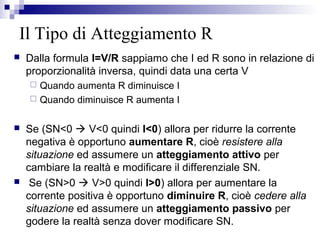 Il Tipo di Atteggiamento R
 Dalla formula I=V/R sappiamo che I ed R sono in relazione di
proporzionalità inversa, quindi data una certa V
 Quando aumenta R diminuisce I
 Quando diminuisce R aumenta I
 Se (SN<0  V<0 quindi I<0) allora per ridurre la corrente
negativa è opportuno aumentare R, cioè resistere alla
situazione ed assumere un atteggiamento attivo per
cambiare la realtà e modificare il differenziale SN.
 Se (SN>0  V>0 quindi I>0) allora per aumentare la
corrente positiva è opportuno diminuire R, cioè cedere alla
situazione ed assumere un atteggiamento passivo per
godere la realtà senza dover modificare SN.
 