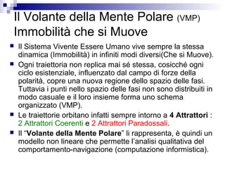 Il Volante della Mente Polare (VMP)
Immobilità che si Muove
 Il Sistema Vivente Essere Umano vive sempre la stessa
dinamica (Immobilità) in infiniti modi diversi(Che si Muove).
 Ogni traiettoria non replica mai sé stessa, cosicché ogni
ciclo esistenziale, influenzato dal campo di forze della
polarità, copre una nuova regione dello spazio delle fasi.
Tuttavia i punti nello spazio delle fasi non sono distribuiti in
modo casuale e il loro insieme forma uno schema
organizzato (VMP).
 Le traiettorie orbitano infatti sempre intorno a 4 Attrattori :
2 Attrattori Coerenti e 2 Attrattori Paradossali.
 Il “Volante della Mente Polare” li rappresenta, è quindi un
modello non lineare che permette l’analisi qualitativa del
comportamento-navigazione (computazione informistica).
 