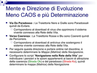 Mente e Direzione di Evoluzione
Meno CAOS e più Determinazione
 Via Da Paradosso : Le Traiettorie Nere e Gialle sono Paradossali
quindi da Evitare.
 Corrispondono al download di virus che opprimono il sistema
vivente connesso alla Rete della Vita.
 Verso Coerenza : Le Traiettorie Rosse e Blu sono Coerenti quindi
da Percorrere.
 Corrispondono al download di antivirus che sostengono il
sistema vivente connesso alla Rete della Vita.
 Per seguire questa direzione e portare ordine nel disordine, è
necessario determinare la Mappa (Matrice) della Navigazione.
 Configurare lo script “Navigazione nella Rete della Vita” per
individuare i pensieri e le azioni appartenenti ai bacini di attrazione
della coerenza (Strada Ok) e del paradosso (Strada Ko), quindi
determinare la mappa (Matrice) della Navigazione
 