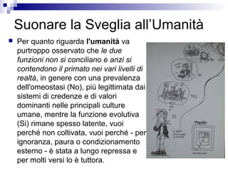 Suonare la Sveglia all’Umanità
 Per quanto riguarda l'umanità va
purtroppo osservato che le due
funzioni non si conciliano e anzi si
contendono il primato nei vari livelli di
realtà, in genere con una prevalenza
dell'omeostasi (No), più legittimata dai
sistemi di credenze e di valori
dominanti nelle principali culture
umane, mentre la funzione evolutiva
(Si) rimane spesso latente, vuoi
perché non coltivata, vuoi perché - per
ignoranza, paura o condizionamento
esterno - è stata a lungo repressa e
per molti versi lo è tuttora.
 