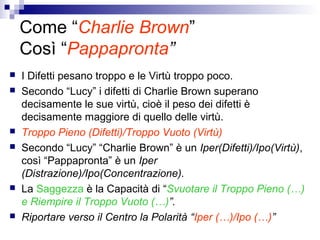 Come “Charlie Brown”
Così “Pappapronta”
 I Difetti pesano troppo e le Virtù troppo poco.
 Secondo “Lucy” i difetti di Charlie Brown superano
decisamente le sue virtù, cioè il peso dei difetti è
decisamente maggiore di quello delle virtù.
 Troppo Pieno (Difetti)/Troppo Vuoto (Virtù)
 Secondo “Lucy” “Charlie Brown” è un Iper(Difetti)/Ipo(Virtù),
così “Pappapronta” è un Iper
(Distrazione)/Ipo(Concentrazione).
 La Saggezza è la Capacità di “Svuotare il Troppo Pieno (…)
e Riempire il Troppo Vuoto (…)”.
 Riportare verso il Centro la Polarità “Iper (…)/Ipo (…)”
 