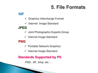 5. File Formats
GIF
JPEG
PNG
Standards Supported by PS
 