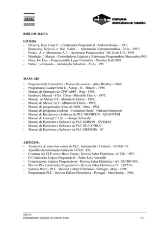BIBLIOGRAFIA 
LIVROS 
- Oliveira, Júlio César P. - Controlador Programável - Makron Books - 1993; 
- Bonacorso, Nelso G. e Noll, Valdir . - Automação Eletropneumática - Érica - 1997; 
- Porras , A. e Montanero, A.P. - Autómatas Programables - Mc Graw Hill ; 1992 
- Mandado, J. Marcos - Controladores Lógicos y Autómatas Programables Marcombo;1991 
- Otter, Job Den – Programmable Logic Controller – Prentice Hall,1988 
- Natale, Ferdinando – Automação Industrial – Érica, 1995 
MANUAIS 
- Programmable Controlller - Manual do usuário - Allen Bradley - 1984; 
- Programação Ladder Série H -Actsip - H - Hitachi - 1996; 
- Manual de Operação do CPW-A080 - Weg - 1989; 
- Hardware Manual - FXo / FXon - Mitsubihi Eletric - 1997; 
- Manual do Melsec FX - Mitsubishi Eletric - 1997; 
- Manual do Melsec A1S - Mitsubishi Eletric - 1997; 
- Manual do programador Altus AL3800 - Altus - 1994. 
- Manual do programa Lookout - Evaluation Guide - National Istruments 
- Manual de Hardaware e Software do PLC MODICON – QUANTUM 
- Manual do Concept 2.1 XL – Groupe Schneider 
- Manual de Hardware e Software do PLC OMRON – SYSMAC 
- Manual de Hardware e Software do PLC GE-FANNUC 
- Manual de Hardware e Software do PLC SIEMENS – S7 
ARTIGOS : 
- Anotações de aulas dos cursos de PLC, Automação e Controle – SENAI-ES 
- Apostilas deAutomação básica do SENAI –ES; 
- Construa um CLP com o Basic Stamp - Revista Saber Eletrônica - nº 288 / 1997; 
- O Controlador Lógico Programável – Pedro Luis Antonelli 
- Controladores Lógicos Programáveis - Revista Saber Eletrônica - nºs 303/304/305 ; 
- Micro-DX - Controlador Programável - Revista Saber Eletrônica nºs 258/259 ; 
- Sistema Micro - PLC - Revista Elektor Eletrónica - Portugal - Maio - 1996; 
- Programação PLC - Revista Elektor Electrónica - Portugal - Maio/Junho - 1996; 
___________________________________________________________________________ 
SENAI 
Departamento Regional do Espírito Santo 107 
