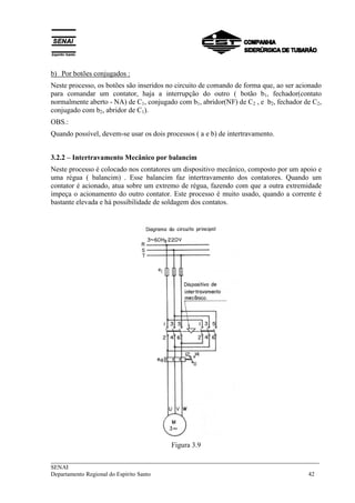 b) Por botões conjugados : 
Neste processo, os botões são inseridos no circuito de comando de forma que, ao ser acionado 
para comandar um contator, haja a interrupção do outro ( botão b1, fechador(contato 
normalmente aberto - NA) de C1, conjugado com b1, abridor(NF) de C2 , e b2, fechador de C2, 
conjugado com b2, abridor de C1). 
OBS.: 
Quando possível, devem-se usar os dois processos ( a e b) de intertravamento. 
3.2.2 – Intertravamento Mecânico por balancim 
Neste processo é colocado nos contatores um dispositivo mecânico, composto por um apoio e 
uma régua ( balancim) . Esse balancim faz intertravamento dos contatores. Quando um 
contator é acionado, atua sobre um extremo de régua, fazendo com que a outra extremidade 
impeça o acionamento do outro contator. Este processo é muito usado, quando a corrente é 
bastante elevada e há possibilidade de soldagem dos contatos. 
Figura 3.9 
___________________________________________________________________________ 
SENAI 
Departamento Regional do Espírito Santo 42 
 