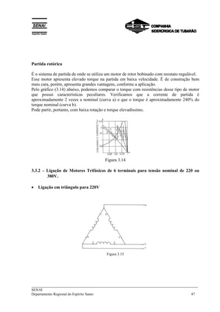 Partida rotórica 
É o sistema de partida de onde se utiliza um motor de rotor bobinado com reostato regulável. 
Esse motor apresenta elevado torque na partida em baixa velocidade. É de construção bem 
mais cara, porém, apresenta grandes vantagens, conforme a aplicação. 
Pelo gráfico (3.14) abaixo, podemos comparar o torque com resistências desse tipo de motor 
que possui características peculiares. Verificamos que a corrente de partida é 
aproximadamente 2 vezes a nominal (curva a) e que o torque é aproximadamente 240% do 
torque nominal (curva b). 
Pode partir, portanto, com baixa rotação e torque elevadíssimo. 
Figura 3.14 
3.3.2 – Ligação de Motores Trifásicos de 6 terminais para tensão nominal de 220 ou 
380V. 
• Ligação em triângulo para 220V 
Figura 3.15 
___________________________________________________________________________ 
SENAI 
Departamento Regional do Espírito Santo 47 
 
