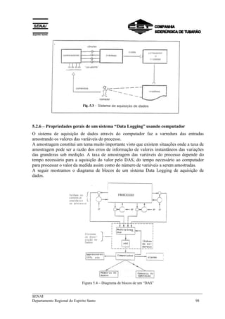 5.2.6 – Propriedades gerais de um sistema “Data Logging” usando computador 
O sistema de aquisição de dados através do computador faz a varredura das entradas 
amostrando os valores das variáveis do processo. 
A amostragem constitui um tema muito importante visto que existem situações onde a taxa de 
amostragem pode ser a razão dos erros de informação de valores instantâneos das variações 
das grandezas sob medição. A taxa de amostragem das variáveis do processo depende do 
tempo necessário para a aquisição do valor pelo DAS, do tempo necessário ao computador 
para processar o valor da medida assim como do número de variáveis a serem amostradas. 
A seguir mostramos o diagrama de blocos de um sistema Data Logging de aquisição de 
dados. 
Figura 5.4 – Diagrama de blocos de um “DAS” 
___________________________________________________________________________ 
SENAI 
Departamento Regional do Espírito Santo 98 
 