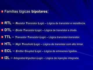 Famílias lógicas bipolares:
RTL – Resistor Transistor Logic – Lógica de transístor e resistência.
DTL – Díode Transistor Logic – Lógica de transístor e díodo.
TTL – Transistor Transistor Logic – Lógica transístor-transístor.
HTL – High Threshold Logic – Lógica de transístor com alto limiar.
ECL – Emitter Coupled Logic – Lógica de emissores ligados.
I2L – Integrated-Injection Logic – Lógica de injecção integrada.
 
