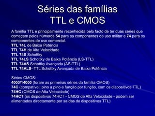 Séries das famílias
TTL e CMOS
A família TTL é principalmente reconhecida pelo facto de ter duas séries que
começam pelos números 54 para os componentes de uso militar e 74 para os
componentes de uso comercial.
TTL 74L de Baixa Potência
TTL 74H de Alta Velocidade
TTL 74S Schottky
TTL 74LS Schottky de Baixa Potência (LS-TTL)
TTL 74AS Schottky Avançada (AS-TTL)
TTL 74ALS- TTL Schottky Avançada de Baixa Potência
Séries CMOS:
4000/14000 (foram as primeiras séries da família CMOS)
74C (compatível, pino a pino e função por função, com os dispositivos TTL)
74HC (CMOS de Alta Velocidade)
74HCT (os dispositivos 74HCT - CMOS de Alta Velocidade - podem ser
alimentados directamente por saídas de dispositivos TTL)
 