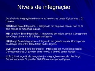 Níveis de integração
Os níveis de integração referem-se ao número de portas lógicas que o CI
contém.
SSI (Small Scale Integration) – Integração em pequena escala: São os CI
com menos de 12 portas lógicas.
MSI (Medium Scale Integration) – Integração em média escala: Corresponde
aos CI que têm entre 12 a 99 portas lógicas
LSI (Large Scale Integration) – Integração em grande escala: Corresponde
aos CI que têm entre 100 a 9 999 portas lógicas.
VLSI (Very Large Scale Integration) – Integração em muito larga escala:
Corresponde aos CI que têm entre 10 000 a 99 999 portas lógicas.
ULSI (Ultra Large Scale Integration) – Integração em escala ultra larga:
Corresponde aos CI que têm 100 000 ou mais portas lógicas.
 
