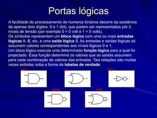 Portas lógicas
A facilidade do processamento de números binários decorre da existência
de apenas dois dígitos, 0 e 1 (bit), que podem ser representados por 2
níveis de tensão (por exemplo 0 = 0 volt e 1 = 5 volts).
Os símbolos representam um bloco lógico com uma ou mais entradas
lógicas A, B, etc. e uma saída lógica S. As entradas e saídas lógicas só
assumem valores correspondentes aos níveis lógicos 0 e 1.
Um bloco lógico executa uma determinada função lógica para a qual foi
projectado. Essa função determina os valores que as saídas assumem
para cada combinação de valores das entradas. Tais relações são muitas
vezes exibidas soba a forma de tabelas de verdade.
A
B
S
A
A
A
A
B
B
B
S S
S
S
AND OR NOT
NAND NOR
 