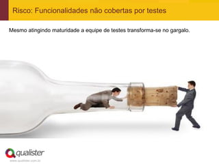 Risco: Funcionalidades não cobertas por testes

Mesmo atingindo maturidade a equipe de testes transforma-se no gargalo.




www.qualister.com.br
 