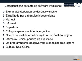 Globalcode – Open4education
Características do teste de software tradicional
É uma fase separada do desenvolvimento
É realizado por um equipe independente
Manual
Informal
Superficial
Enfoque apenas na interface gráfica
Ocorre no final de uma liberação ou no final do projeto
Última (ou única) peneira da qualidade
Os programadores desenvolvem e os testadores testam
Cultura: Nós X Eles
 