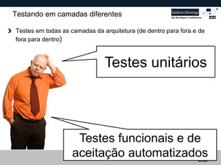 Globalcode – Open4education
Testes funcionais e de
aceitação automatizados
Testes unitários
Testando em camadas diferentes
Testes em todas as camadas da arquitetura (de dentro para fora e de
fora para dentro)
 
