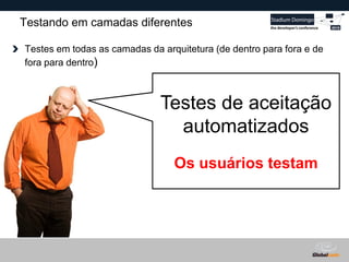 Globalcode – Open4education
Testes de aceitação
automatizados
Os usuários testam
Testando em camadas diferentes
Testes em todas as camadas da arquitetura (de dentro para fora e de
fora para dentro)
 