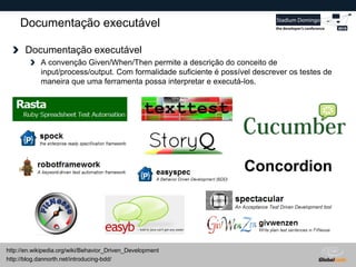 Globalcode – Open4education
Documentação executável
Documentação executável
A convenção Given/When/Then permite a descrição do conceito de
input/process/output. Com formalidade suficiente é possível descrever os testes de
maneira que uma ferramenta possa interpretar e executá-los.
http://blog.dannorth.net/introducing-bdd/
http://en.wikipedia.org/wiki/Behavior_Driven_Development
 