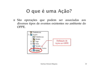 São operações que podem ser associadas aos
diversos tipos de eventos existentes no ambiente do
OPPE.
Interface Homem Máquina 22
 