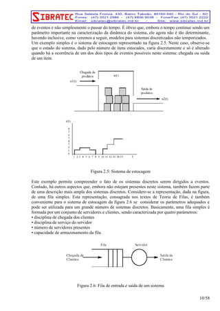 de eventos e não simplesmente o passar do tempo. É óbvio que, embora o tempo continue sendo um 
parâmetro importante na caracterização da dinâmica do sistema, ele agora não é tão determinante, 
havendo inclusive, como veremos a seguir, modelos para sistemas discretizados não temporizados. 
Um exemplo simples é o sistema de estocagem representado na figura 2.5. Neste caso, observe-se 
que o estado do sistema, dado pelo número de itens estocados, varia discretamente e só é alterado 
quando há a ocorrência de um dos dois tipos de eventos possíveis neste sistema: chegada ou saída 
de um item. 
Figura 2.5: Sistema de estocagem 
Este exemplo permite compreender o fato de os sistemas discretos serem dirigidos a eventos. 
Contudo, há outros aspectos que, embora não estejam presentes neste sistema, também fazem parte 
de uma descrição mais ampla dos sistemas discretos. Considere-se a representação, dada na figura, 
de uma fila simples. Esta representação, consagrada nos textos de Teoria de Filas, é também 
conveniente para o sistema de estocagem da figura 2.6 se considerar os parâmetros adequados e 
pode ser utilizada para um grande número de sistemas discretos. Basicamente, uma fila simples é 
formada por um conjunto de servidores e clientes, sendo caracterizada por quatro parâmetros: 
• disciplina de chegada dos clientes 
• disciplina de serviço do servidor 
• número de servidores presentes 
• capacidade de armazenamento da fila. 
Figura 2.6: Fila de entrada e saída de um sistema 
10/58 
 