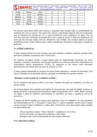Verde Branco Azul V V F 
Verde Azul Branco V V V 
Branco Verde Azul F F F 
Branco Azul Verde F V V 
Azul Verde Branco F F V 
Azul Branco Verde F V V 
Na primeira parte desta tabela (três colunas à esquerda) estão listadas todas as possibilidades de 
atribuição de cores às camisas. Nas outras três colunas, a distribuição daquela linha foi confrontada 
com as sentenças das afirmativas a, b e c para classificá-las como verdadeiras ou falsas. Um vez 
feito isto, note que a definição da questão prevê que a resposta correta é dada pela distribuição de 
cores que faz com que apenas uma das alternativas seja verdade. Isto acontece apenas na quinta 
distribuição (Azul, Verde e Branco) que é, então, considerada a alternativa correta para a solução do 
problema. 
5.3. LÓGICA DIGITAL 
A lógica digital pertence ao ramo da lógica que deve satisfazer condições materiais, portanto, deve 
apresentar resultados consistentes com o meio físico. 
Ao contrário da lógica formal, a lógica digital pode ser implementada fisicamente de várias 
maneiras: com chaves mecânicas, com circuitos eletrônicos ou software utilizando computadores ou 
controladores lógicos programáveis (CLPs). Na sequência as três formas serão mostradas 
paralelamente com ênfase maior na parte de software e CLPs. 
A lógica digital compreende os conceitos da lógica formal aplicados a sistemas de automação. Esta 
lógica é baseada em um postulado clássico, que pode ser enunciado da seguinte maneira: 
“Qualquer evento só pode ser verdadeiro ou falso”. 
Se for verdadeiro não pode ser falso e vice-versa. Também não pode ser verdadeiro e/ou falso ao 
mesmo tempo. 
Os sistemas lógicos são estudados pela álgebra de chaveamentos, um ramo da álgebra moderna ou 
álgebra de Boole, conceituada pelo matemático inglês George Boole (1815 - 1864). Boole construiu 
sua lógica a partir de símbolos, representando as expressões por letras e ligando-as através de 
conectivos. 
A álgebra de Boole trabalha com apenas duas grandezas: falso ou verdadeiro. As duas grandezas 
são representadas por 0 e 1. Em geral, 0 indica falso e 1 indica verdadeiro, porém existe a lógica 
inversa em que 0 indica verdadeira e 1 indica falso. Fisicamente, esses dois estados lógicos podem 
ser representados por: 
- Chaves mecânicas: aberta = falso e fechada = verdadeira ou vice-versa; 
- 2 níveis de tensão: um representa verdadeiro e outro falso; 
- Qualquer outro sistema representado por dois estados diferentes. 
5.3.1. Operadores lógicos 
27/58 
 