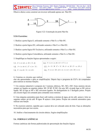 Observe abaixo como construir um inversor utilizando apenas um Não OU. 
Figura 5.22: Construção de porta Não Ou 
5.3.8. Exercícios: 
1. Realize a porta lógica E, utilizando somente o Não E e o Não OU. 
2. Realize a porta lógica OU, utilizando somente o Não E e o Não OU. 
3. Realize a porta lógica OU Exclusivo, utilizando somente o Não E e o Não OU. 
4. Realize a porta lógica Coincidência, utilizando somente o Não E e o Não OU. 
5. Simplifique as funções lógicas apresentadas a seguir: 
___ 
1.1. F=( A+B). A. B 
___ 
.( A 
. B) 
___ 
1.2. F=( A. B.C ). C 
___ 
+( A+ A 
) 
___ 
1.3. F=A⊕ B.( A 
.( A+B)) 
___ 
___ 
___ 
___ 
___ 
___ 
___ 
___ 
___ 
___ 
___ 
6. Construa os circuitos que realizam as funções lógicas do exercício 5, de duas maneiras: como 
elas são apresentadas e após as simplificações. Depois faça o programa de CLP e de computador 
para realizar as mesmas funções. 
7. Um sistema industrial é composto de 3 motores elétricos, M1, M2 e M3. Estes motores devem 
sempre ser ligados na seguinte ordem: M1  M2  M3. Ou seja, M2, só pode ligar se M1 estiver 
ligado. M3 só liga se M1 e M2 estiverem ligados. No desligamento os 3 desligam juntos. Projete 
um circuito lógico de comando para comandar esses motores. 
8. Uma máquina automática para fazer café realiza a mistura de água, pó de café, açúcar e leite na 
seguinte ordem: pó de café  água  açúcar e leite juntos. Projete um controle automático para 
realizar esta função. 
9. No exercício anterior, suponha que o açúcar deva ser colocado antes do leite. Faça as alterações 
necessárias para que isso ocorra. 
10. Análise o funcionamento do circuito abaixo. Sugira simplificações 
5.4. FORMAS CANÔNICAS 
Formas canônicas são formas padronizadas de apresentação das funções lógicas 
44/58 
1.4. F=[ A+( A. B)+(C+C 
)] . A 
1.5. F= A 
. B 
. C 
+ A 
. B 
.C+A. B 
. C 
+A. B 
.C 
1.6. F=[ ( A+ B 
). B+( A.1)+(C.(D+ D 
)+1)] 
 
