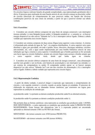 Os circuitos lógicos realizam funções de grande complexidade, cuja representação geralmente não é 
óbvia. O processo para realização de uma função através de um circuito começa na descrição verbal 
do circuito (descrição do comportamento de suas possíveis saídas, em função das diversas 
combinações possíveis de seus sinais de entrada), a partir do que é possível montar sua tabela 
verdade. 
5.4.1. Exercícios: 
1. Considere um circuito elétrico composto de uma fonte de energia comercial e um interruptor 
(nossas entradas ) e uma lâmpada (nossa saída). A lâmpada acenderá se - e somente se - a) houver 
energia disponível (se não estiver faltando luz) e b) o interruptor estiver ligado. Elabore a tabela 
verdade que representa esse circuito lógico. 
2. Considere um sistema composto de duas caixas d'água (uma superior e uma cisterna). A cisterna 
é alimentada pela entrada de água da rua, via empresa distribuidora. A caixa superior serve para 
distribuir a água, por gravidade, em todo o prédio: bicas, chuveiros, descargas sanitárias, circuitos 
anti-incêndio, etc, com a água sendo impulsionada por uma bomba hidráulica através de uma 
tubulação que liga a cisterna à caixa superior. Considerando que a bomba queimará se for acionada 
sem haver água no circuito hidráulico, projete um circuito lógico para acionar a bomba sempre que 
a caixa superior estiver vazia, desde que tenha água na cisterna. 
3. Considere um circuito elétrico composto de uma fonte de energia comercial , uma alimentação 
auxiliar (um gerador e um no-break, com bateria de acumulação) e um interruptor (as entradas ) e 
um sistema de computadores (a saída). O computador poderá operar se: a) houver energia 
disponível (se não estiver faltando luz) em um dos circuitos de alimentação e b) o interruptor 
estiver ligado. Elabore a tabela verdade que representa esse circuito lógico. 
5.4.2. Representação Canônica 
A partir da tabela verdade, é possível chegar à expressão que representa o comportamento do 
circuito, e em seguida construir o circuito, usando as portas lógicas já estudadas. O processo de 
elaboração da expressão usa as chamadas formas canônicas, que consistem em regras para 
representar as condições de entrada que: 
a) produzirão saída 1 (e portanto as demais condições produzirão saída 0) ou alternativamente, 
b) produzirão saída 0 (e portanto as demais condições produzirão saída 1). 
São portanto duas as formas canônicas: uma representa as condições que produzem saída 1 (SOMA 
DOS MINITERMOS) , a outra representa as condições que produzirão saída 0 (PRODUTO DOS 
MAXITERMOS). Essas formas são alternativas, isto é, a expressão poderá ser encontrada 
aplicando-se alternativamente UMA ou OUTRA das formas. 
MINITERMO - são termos somente com AND (termos PRODUTO) 
MAXITERMO - são termos somente com OR (termos SOMA). 
45/58 
 