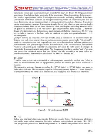 transmissão comum para os drivers/receivers no modo “tri-state”. Os drivers RS-485 podem resistir 
a problemas de colisão de dados (contenção de barramento) e a falhas de condições do barramento. 
Para resolver o problema da colisão de dados presentes em redes multi-drop, unidades de hardware 
(conversores, repetidores, controles de microprocessadores) podem ser construídos para ficar em 
modo de recepção até que os dados estejam prontos para serem transmitidos. Sistemas de um único 
mestre (muitos outros esquemas de comunicação estão disponíveis) oferecem uma maneira simples 
de evitar colisão de dados em um típico sistema de 2-fios, half-dulpex e multi-drop. O mestre inicia 
um pedido de comunicação a um “nó escravo” pelo endereçamento desta unidade. O hardware 
detecta o bit de inicialização da transmissão e automaticamente habilita o transmissor RS-485. Uma 
vez enviado o caractere, o hardware volta ao modo de recepção em aproximadamente 1 – 2 
microssegundos. 
Qualquer número de caracteres pode ser enviado, onde o transmissor irá automaticamente re-disparar 
com cada novo caractere (ou em muitos casos um esquema temporizador “bit-oriented” é 
usado em conjunto com uma rede preparada para uma operação automática, incluindo qualquer taxa 
de transmissão e/ou qualquer especificação de comunicação). Uma vez endereçada, uma unidade 
“escrava” está pronta para responder imediatamente por causa do curto tempo de duração da 
transmissão de um equipamento automático. Não é necessário introduzir grandes “delays”em uma 
rede para evitar colisão de dados. Por que “delays” não são necessários, as redes podem ser 
construídas com taxa de transmissão de dados de até 100% de “throuput put”. 
RS – 232C 
O padrão estabelece as características físicas e elétricas para a transmissão serial de bits. Define os 
sinais de reconhecimento para os equipamentos padrões de controle para linhas telefônicas e 
modems. 
Eletricamente o sistema é baseado em pulsos de +12V (0 lógico) e –12V (1 lógico) nos quais os 
dados são codificados. Mecanicamente, o padrão define conectores de 9 pinos e 25 pinos. Compõe-se 
principalmente de três linhas : a de transmissão, a de recepção e a do potencial de referência. 
Figura 5.1 – Níveis lógicos na RS232 
RS – 422 
Define uma interface balanceada, mas não define um conector físico. Fabricantes que aderiram a 
este padrão usam muitos conectores diferentes, incluindo os terminais de parafusos, DB9, DB25 
com pinagem não padronizada, DB25 com padrão RS-530 e DB37 com padrão RS-449. O RS-422 
12/36 
 