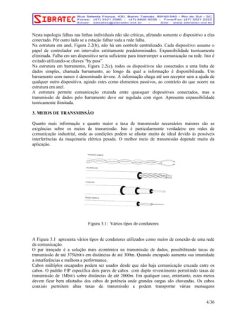 Nesta topologia falhas nas linhas individuais não são críticas, afetando somente o dispositivo a elas 
conectado. Pôr outro lado se a estação falhar toda a rede falha. 
Na estrutura em anel, Figura 2.2(b), não há um controle centralizado. Cada dispositivo assume o 
papel de controlador em intervalos estritamente predeterminados. Expansibilidade teoricamente 
eliminada. Falha em um dispositivo seria suficiente para interromper a comunicação na rede. Isto é 
evitado utilizando-se chaves “by pass”. 
Na estrutura em barramento, Figura 2.2(c), todos os dispositivos são conectados a uma linha de 
dados simples, chamada barramento, ao longo da qual a informação é disponibilizada. Um 
barramento com ramos é denominado árvore. A informação chega até um receptor sem a ajuda de 
qualquer outro dispositivo, agindo estes como elementos passivos, ao contrário do que ocorre na 
estrutura em anel. 
A estrutura permite comunicação cruzada entre quaisquer dispositivos conectados, mas a 
transmissão de dados pelo barramento deve ser regulada com rigor. Apresenta expansibilidade 
teoricamente ilimitada. 
3. MEIOS DE TRANSMISSÃO 
Quanto mais informação e quanto maior a taxa de transmissão necessários maiores são as 
exigências sobre os meios de transmissão. Isto é particularmente verdadeiro em redes de 
comunicação industrial, onde as condições podem se afastar muito de ideal devido às possíveis 
interferências da maquinaria elétrica pesada. O melhor meio de transmissão depende muito da 
aplicação. 
Figura 3.1: Vários tipos de condutores 
A Figura 3.1 apresenta vários tipos de condutores utilizados como meios de conexão de uma rede 
de comunicação. 
O par trançado é a solução mais econômica na transmissão de dados, possibilitando taxas de 
transmissão de até 375kbit/s em distâncias de até 300m. Quando encapado aumenta sua imunidade 
a interferências e melhora a performance. 
Cabos múltiplos encapados podem ser usados desde que não haja comunicação cruzada entre os 
cabos. O padrão FIP especifica dois pares de cabos com duplo revestimento permitindo taxas de 
transmissão de 1Mbit/s sobre distâncias de até 2000m. Em qualquer caso, entretanto, estes meios 
devem ficar bem afastados dos cabos de potência onde grandes cargas são chaveadas. Os cabos 
coaxiais permitem altas taxas de transmissão e podem transportar várias mensagens 
4/36 
 