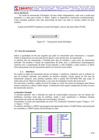 FULL-DUPLEX 
No modo de transmissão Full-duplex, há duas linhas independentes, onde uma é usada para 
transmitir e a outra para receber os dados. Ambos os dispositivos transmitem simultaneamente. 
Como exemplo, podemos citar uma auto-estrada de duas vias onde os veículos rodam nos dois 
sentidos. 
A porta Serial RS232 trabalha em modo Full-duplex, através das duas linhas TX-RX. 
Figura 4.7 – Transmissão modo full duplex 
4.3. Taxa de transmissão 
Indica a quantidade de bits por segundo que pode ser transmitida entre transmissor e receptor. 
Todos os dispositivos em uma rede devem operar a uma mesma taxa de transmissão. 
A máxima taxa de transmissão é limitada pelo tipo de interface e pelo meio de transmissão 
utilizado. Ela também é função do comprimento da linha, pois, a interferência eletromagnética 
aumenta com o comprimento da linha. O par trançado, o cabo múltiplo, o cabo coaxial e as fibras 
óticas apresentam taxa de transmissão admissível crescente nesta ordem. 
4.5. Interfaces 
No campo as linhas de transmissão devem ser baratas e confiáveis, exigências que se refletem no 
tipo de condutor utilizado, mas também na interface adotada. Assim, apesar da alta taxa de 
transmissão atingível, uma interface paralela como o patrão IEC-625/IEEE-488, que exige 16 
linhas para enviar 1Byte de informação, o seu custo de instalação é muito alto neste nível. 
Por esta razão a interface padrão no nível de campo é a serial. Os custos de instalação mais baixos 
(menos conectores e cabos), linhas longas, e transmissão mais segura compensam de sobra as taxas 
de transmissão menores. 
a) Interface Paralela 
A interface paralela não é utilizada em redes de conectividade comerciais. Isto em função dos 
problemas existentes neste tipo de interface, sendo o mais significativo a distância máxima 
transmissão que pode ser realizada com esta interface, 8 metros. 
Fisicamente, os sinais são transmitidos em nível TTL (Transistor Transistor Logic): 0 lógico = 0 V 
e 1 lógico = 5 Vdc. 
O conector utilizado é o DB25 cuja pinagem está apresentada abaixo. O dB25 fêmea está localizado 
no comutador e o DB25 macho está localizado no cabo. 
8/36 
 