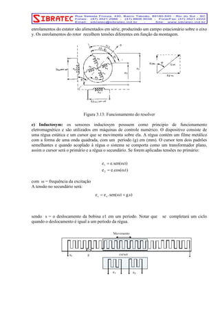 enrolamentos do estator são alimentados em série, produzindo um campo estacionário sobre o eixo 
y. Os enrolamentos do rotor recolhem tensões diferentes em função da montagem. 
Figura 3.13: Funcionamento do resolver 
e) Inductosym: os sensores inductosym possuem como principio de funcionamento 
eletromagnético e são utilizados em máquinas de controle numérico. O dispositivo consiste de 
uma régua estática e um cursor que se movimenta sobre ela. A régua contém um filme metálico 
com a forma de uma onda quadrada, com um período (g) em (mm). O cursor tem dois padrões 
semelhantes e quando acoplado à régua o sistema se comporta como um transformador plano, 
assim o cursor será o primário e a régua o secundário. Se forem aplicadas tensões no primário: 
com ω = frequência da excitação 
A tensão no secundário será: 
e e.sen( .t) 
1 
= ω 
e e.cos( .t) 
2 
= ω 
e = e .sen( ω .t + 
g.s) s x 
sendo s = o deslocamento da bobina e1 em um período. Notar que se completará um ciclo 
quando o deslocamento é igual a um período da régua. 
 