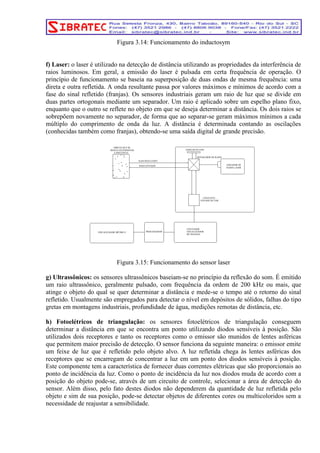 Figura 3.14: Funcionamento do inductosym 
f) Laser: o laser é utilizado na detecção de distância utilizando as propriedades da interferência de 
raios luminosos. Em geral, a emissão do laser é pulsada em certa frequência de operação. O 
princípio de funcionamento se baseia na superposição de duas ondas de mesma frequência: uma 
direta e outra refletida. A onda resultante passa por valores máximos e mínimos de acordo com a 
fase do sinal refletido (franjas). Os sensores industriais geram um raio de luz que se divide em 
duas partes ortogonais mediante um separador. Um raio é aplicado sobre um espelho plano fixo, 
enquanto que o outro se reflete no objeto em que se deseja determinar a distância. Os dois raios se 
sobrepõem novamente no separador, de forma que ao separar-se geram máximos mínimos a cada 
múltiplo do comprimento de onda da luz. A distância é determinada contando as oscilações 
(conhecidas também como franjas), obtendo-se uma saída digital de grande precisão. 
GERADOR DE 
RAIOS LASER 
ESPELHO PLANO 
SEPARADOR DE RAIOS 
RAIO REFLETIDO 
RAIO ENVIADO 
CONJUNTO 
FOTODETECTOR 
CONTADOR 
VISUALIZADOR 
DE FRANJAS 
OBJETO QUE SE 
DESEJA DETERMINAR 
A DISTÂNCIA 
VISUALIZADOR MÉTRICO PROCESSADOR 
Figura 3.15: Funcionamento do sensor laser 
g) Ultrassônicos: os sensores ultrassônicos baseiam-se no princípio da reflexão do som. É emitido 
um raio ultrassônico, geralmente pulsado, com frequência da ordem de 200 kHz ou mais, que 
atinge o objeto do qual se quer determinar a distância e mede-se o tempo até o retorno do sinal 
refletido. Usualmente são empregados para detectar o nível em depósitos de sólidos, falhas do tipo 
gretas em montagens industriais, profundidade de água, medições remotas de distância, etc. 
h) Fotoelétricos de triangulação: os sensores fotoelétricos de triangulação conseguem 
determinar a distância em que se encontra um ponto utilizando diodos sensíveis à posição. São 
utilizados dois receptores e tanto os receptores como o emissor são munidos de lentes asféricas 
que permitem maior precisão de detecção. O sensor funciona da seguinte maneira: o emissor emite 
um feixe de luz que é refletido pelo objeto alvo. A luz refletida chega às lentes asféricas dos 
receptores que se encarregam de concentrar a luz em um ponto dos diodos sensíveis à posição. 
Este componente tem a característica de fornecer duas correntes elétricas que são proporcionais ao 
ponto de incidência da luz. Como o ponto de incidência da luz nos diodos muda de acordo com a 
posição do objeto pode-se, através de um circuito de controle, selecionar a área de detecção do 
sensor. Além disso, pelo fato destes diodos não dependerem da quantidade de luz refletida pelo 
objeto e sim de sua posição, pode-se detectar objetos de diferentes cores ou multicoloridos sem a 
necessidade de reajustar a sensibilidade. 
 