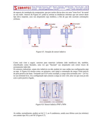 do aspecto de instalação do componente, que por razões óbvias deve ter uma "zona livre" de metal 
ao seu redor. Através da Figura 4.5, pode-se estimar as distâncias mínimas que um sensor deste 
tipo deve respeitar, caso seu alojamento seja metálico, a fim de que não ocorram comutações 
errôneas. 
Figura 4.5: Atuação do sensor indutivo 
Como será visto a seguir, sensores para materiais isolantes (não metálicos) são, também, 
classificados como faceados, uma vez que "faceiam" seu alojamento sem correr riscos de 
acionamento indevido. 
Os sensores industriais, sejam eles indutivos ou não, podem ter suas saídas nas configurações pnp 
ou npn. A Figura 4.6 mostra como, no primeiro, caso (pnp) a comutação da carga é feita através 
do polo positivo da fonte. Tomando um CLP como exemplo, a carga seria acionada com + 24 Vcc 
no seu terminal livre. Já a configuração npn conecta a carga ao zero volt, uma vez que essa já está 
com o polo positivo ligado. 
Figura 4.6: Sensor indutivo PNP e NPN 
As saídas, normalmente, podem ser de 2, 3, ou 4 condutores, sendo esse último com (no mínimo) 
um contato tipo NA e um NF (Figura 4.7). 
 