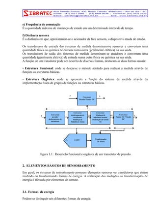 e) Frequência de comutação 
É a quantidade máxima de mudanças de estado em um determinado intervalo de tempo. 
f) Distância sensora 
É a distância em que, aproximando-se o acionador da face sensora, o dispositivo muda de estado. 
Os transdutores de entrada dos sistemas de medida denominam-se sensores e convertem uma 
quantidade física ou química de entrada numa outra (geralmente elétrica) na sua saída. 
Os transdutores de saída dos sistemas de medida denominam-se atuadores e convertem uma 
quantidade (geralmente elétrica) de entrada numa outra física ou química na sua saída. 
A função de um transdutor pode ser descrito de diversas formas, destacam-se duas formas usuais: 
• Estrutura Funcional: onde se descreve o método adotado para realizar a medida através de 
funções ou estruturas básicas. 
• Estrutura Orgânica: onde se apresenta a função do sistema de medida através da 
implementação física de grupos de funções ou estruturas básicas. 
Figura 1.1: Descrição funcional e orgânica de um transdutor de pressão 
2. ELEMENTOS BÁSICOS DE SENSORIAMENTO 
Em geral, os sistemas de sensoriamento possuem elementos sensores ou transdutores que atuam 
medindo ou transformando formas de energia. A realização das medições ou transformações de 
energia é efetuada por elementos de contato. 
2.1. Formas de energia 
Podem-se distinguir seis diferentes formas de energia: 
 