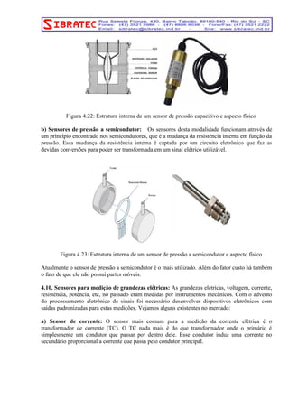 Figura 4.22: Estrutura interna de um sensor de pressão capacitivo e aspecto físico 
b) Sensores de pressão a semicondutor: Os sensores desta modalidade funcionam através de 
um princípio encontrado nos semicondutores, que é a mudança da resistência interna em função da 
pressão. Essa mudança da resistência interna é captada por um circuito eletrônico que faz as 
devidas conversões para poder ser transformada em um sinal elétrico utilizável. 
Figura 4.23: Estrutura interna de um sensor de pressão a semicondutor e aspecto físico 
Atualmente o sensor de pressão a semicondutor é o mais utilizado. Além do fator custo há também 
o fato de que ele não possui partes móveis. 
4.10. Sensores para medição de grandezas elétricas: As grandezas elétricas, voltagem, corrente, 
resistência, potência, etc, no passado eram medidas por instrumentos mecânicos. Com o advento 
do processamento eletrônico de sinais foi necessário desenvolver dispositivos eletrônicos com 
saídas padronizadas para estas medições. Vejamos alguns existentes no mercado: 
a) Sensor de corrente: O sensor mais comum para a medição da corrente elétrica é o 
transformador de corrente (TC). O TC nada mais é do que transformador onde o primário é 
simplesmente um condutor que passar por dentro dele. Esse condutor induz uma corrente no 
secundário proporcional a corrente que passa pelo condutor principal. 
 