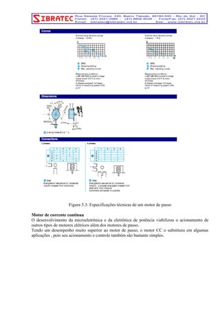 Figura 5.3: Especificações técnicas de um motor de passo 
Motor de corrente contínua 
O desenvolvimento da microeletrônica e da eletrônica de potência viabilizou o acionamento de 
outros tipos de motores elétricos além dos motores de passo. 
Tendo um desempenho muito superior ao motor de passo, o motor CC o substituiu em algumas 
aplicações , pois seu acionamento e controle também são bastante simples. 
 