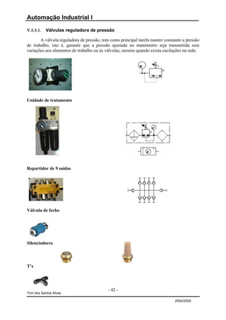 Automação Industrial I

V.5.5.1.   Válvulas reguladora de pressão

       A válvula reguladora de pressão, tem como principal tarefa manter constante a pressão
de trabalho, isto é, garantir que a pressão ajustada no manómetro seja transmitida sem
variações aos elementos de trabalho ou às válvulas, mesmo quando exista oscilações na rede.




Unidade de tratamento




Repartidor de 9 saídas




Válvula de fecho




Silenciadores




T’s




                                           - 42 -
Toni dos Santos Alves

                                                                               2004/2005
 
