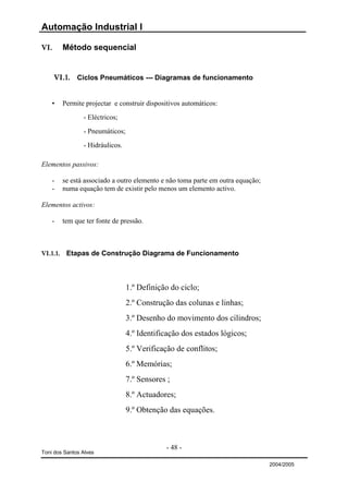 Automação Industrial I

VI.     Método sequencial


      VI.1. Ciclos Pneumáticos --- Diagramas de funcionamento


    •   Permite projectar e construir dispositivos automáticos:
                - Eléctricos;
                - Pneumáticos;
                - Hidráulicos.

Elementos passivos:

    -   se está associado a outro elemento e não toma parte em outra equação;
    -   numa equação tem de existir pelo menos um elemento activo.

Elementos activos:

    -   tem que ter fonte de pressão.



VI.1.1. Etapas de Construção Diagrama de Funcionamento



                                 1.º Definição do ciclo;
                                 2.º Construção das colunas e linhas;
                                 3.º Desenho do movimento dos cilindros;
                                 4.º Identificação dos estados lógicos;
                                 5.º Verificação de conflitos;
                                 6.º Memórias;
                                 7.º Sensores ;
                                 8.º Actuadores;
                                 9.º Obtenção das equações.



                                             - 48 -
Toni dos Santos Alves

                                                                                2004/2005
 